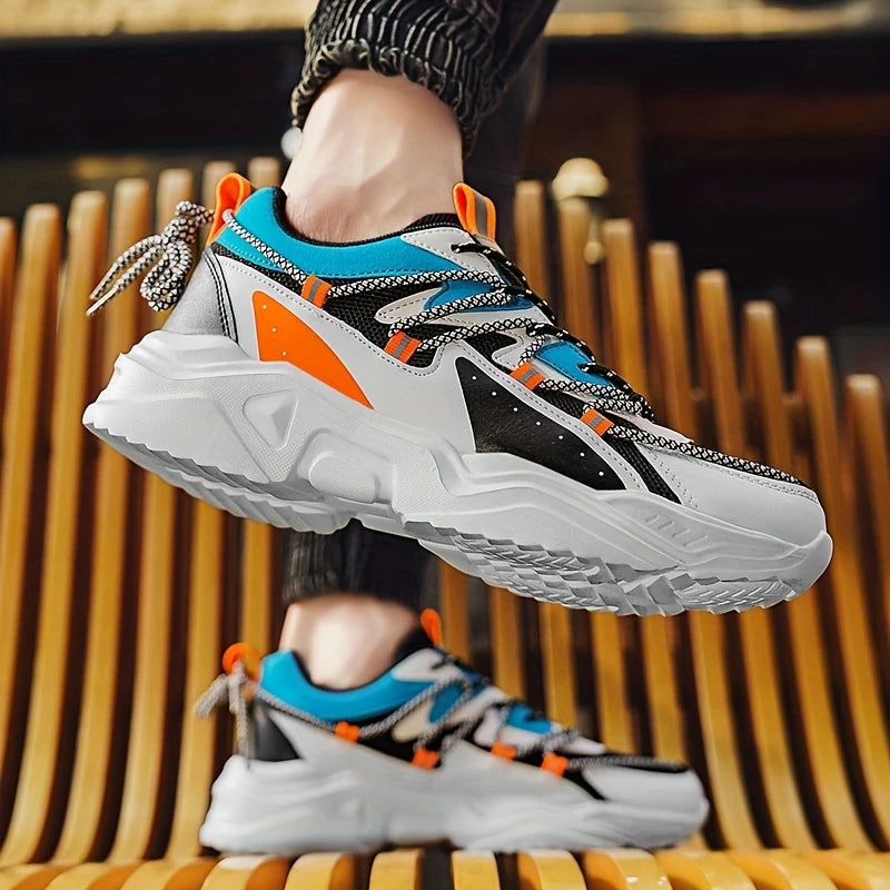 Men's Color Block Chunky Sneakers - Breathable Mesh & PU Upper, Comfortable EVA Sole, Lace-Up Casual